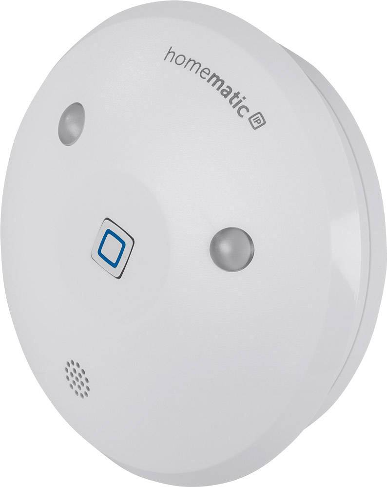 Runder Rauchmelder mit zwei Sensoren und einem zentralen blauen Knopf.