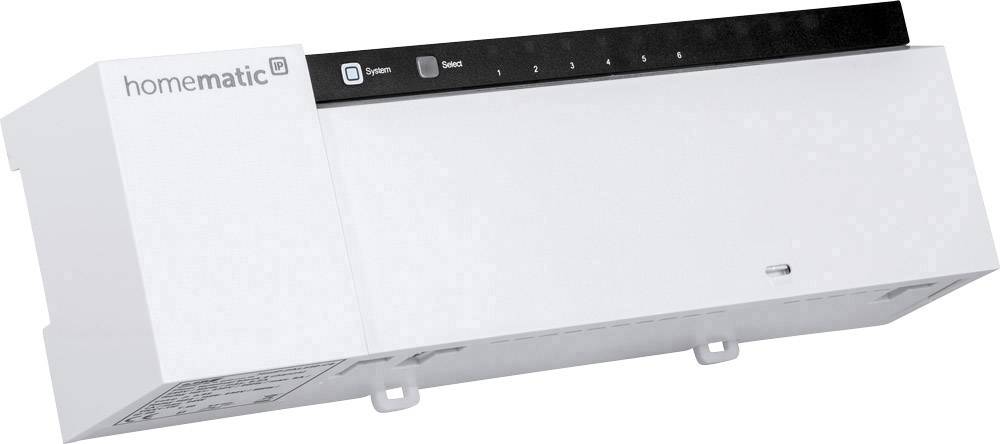 'Homematic IP' Smart-Home-Steuerzentrale in weißer Farbe, mit Status-LEDs für verschiedene Funktionen oben. Ideal für Heimautomatisierung.