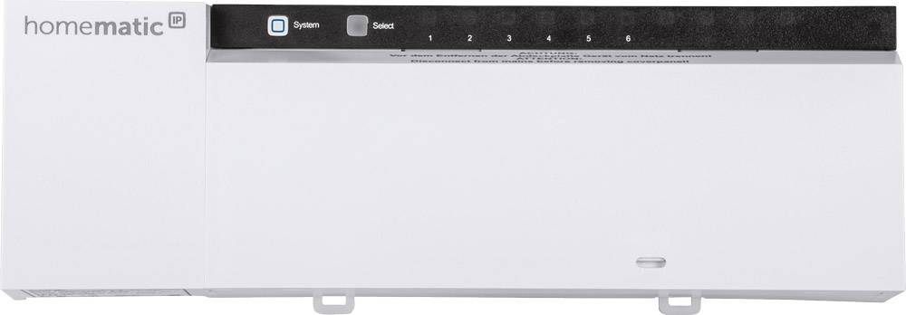 Das Bild zeigt ein Homematic IP Smart-Home-Gerät für die Hutschienenmontage mit mehreren LED-Anzeigen und einem Systemknopf.