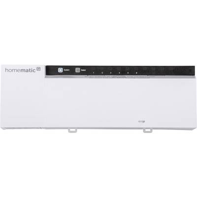 Das Bild zeigt ein Homematic IP Smart-Home-Gerät für die Hutschienenmontage mit mehreren LED-Anzeigen und einem Systemknopf.