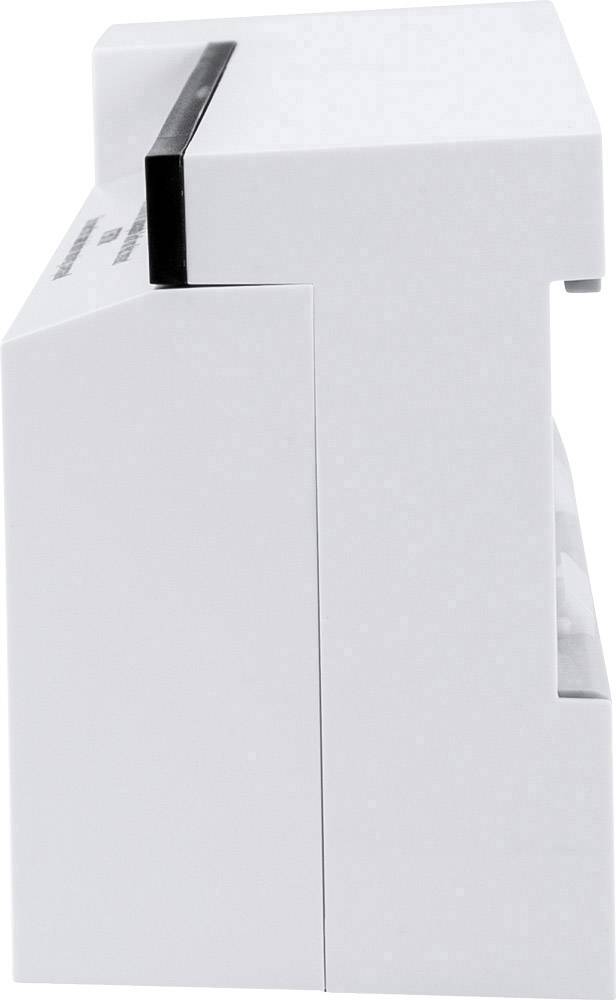 Seitenansicht eines weißen, rechteckigen Geräts mit schwarzem Schlitz oben, möglicherweise ein Drucker oder Scanner.