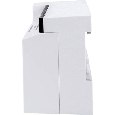 Seitenansicht eines weißen, rechteckigen Geräts mit schwarzem Schlitz oben, möglicherweise ein Drucker oder Scanner.
