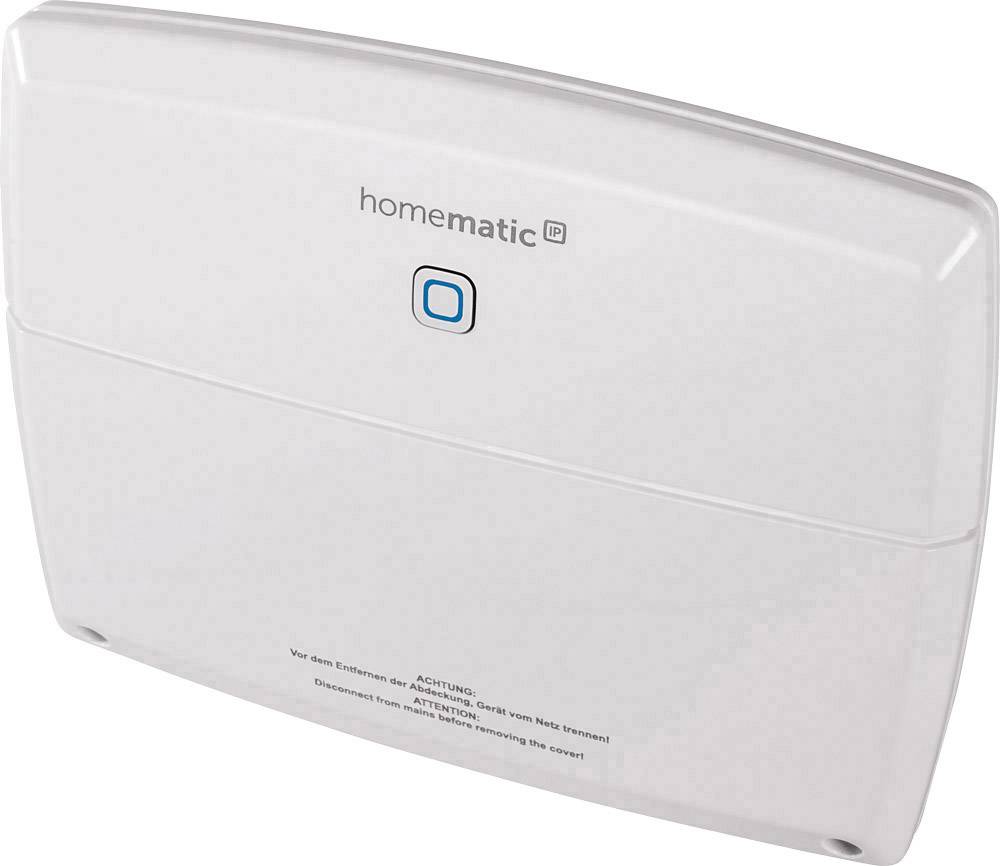 Weiße Homematic IP Komponente mit blauem Knopf in der Mitte.