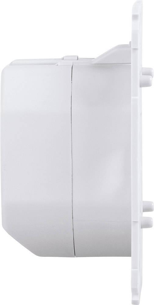 Seitenansicht eines weißen, rechteckigen Elektrogeräts mit abgerundeten Kanten, das an einer Wand montiert ist.