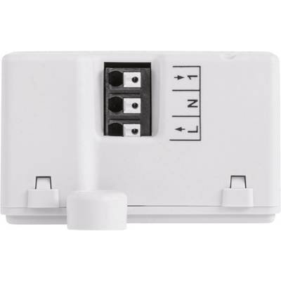 Ein weißes elektrisches Gerät mit drei Anschlussklemmen, beschriftet mit 'L', 'N', und einem Pfeilsymbol.