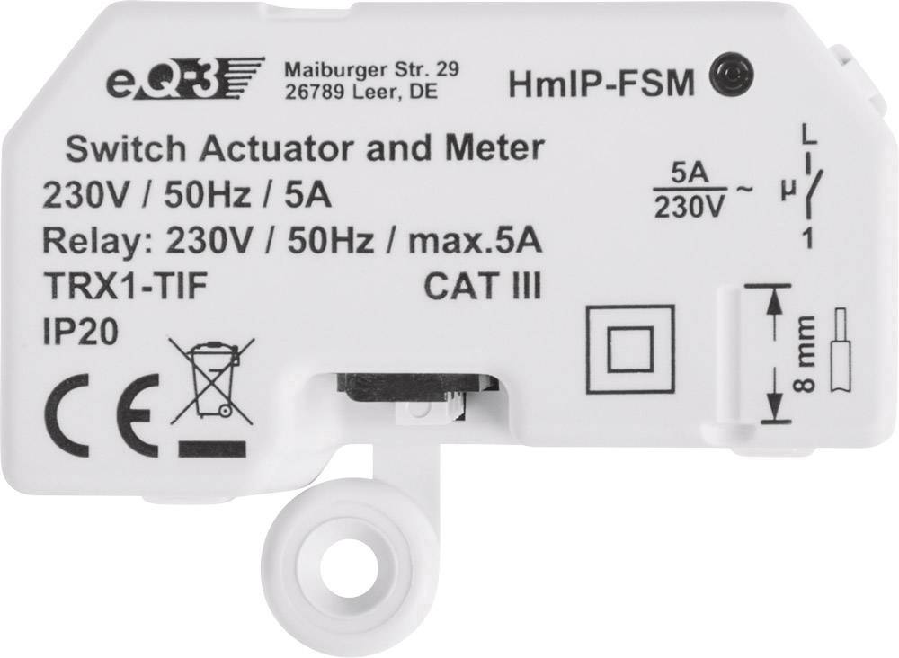 'Switch Actuator and Meter' Beschriftung: 230V/50Hz/5A, IP20, CAT III, TRX1-TIF, Maße anzeigen. Herstelleradresse oben.