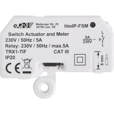 'Switch Actuator and Meter' Beschriftung: 230V/50Hz/5A, IP20, CAT III, TRX1-TIF, Maße anzeigen. Herstelleradresse oben.