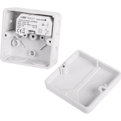 Zwei weiße Gehäusehälften eines elektrischen Schaltaktors. Eine Hälfte enthält elektronische Komponenten und Beschriftungen.