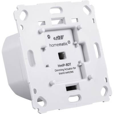 Ein weißer Dimmer-Aktor für Markenschalter von Homematic IP, Modell HmIP-BDT. Geeignet für die Montage in Wanddosen.