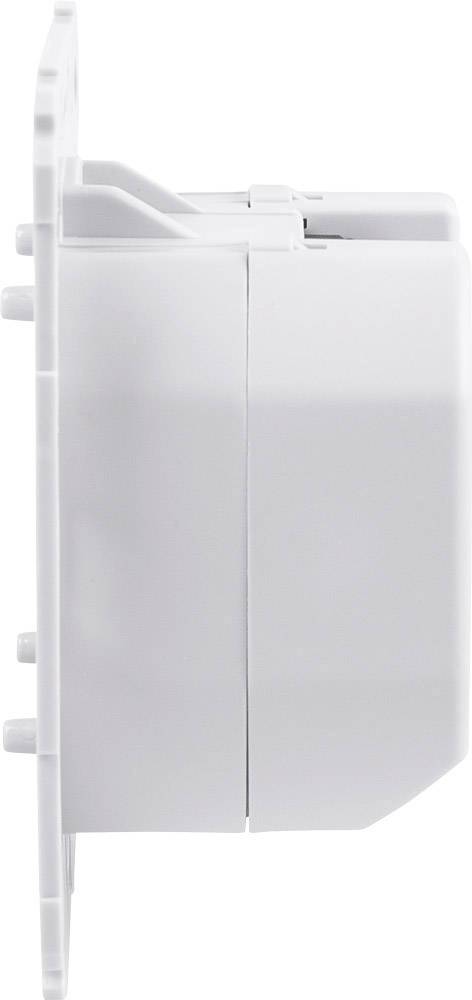 Seitenansicht eines quadratischen weißen Sensors mit glattem Gehäuse, montiert an einer Wand. Er dient der Erfassung von Daten.