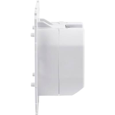 Seitenansicht eines quadratischen weißen Sensors mit glattem Gehäuse, montiert an einer Wand. Er dient der Erfassung von Daten.