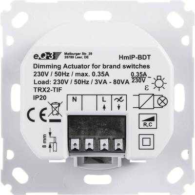'Dimmer-Schaltaktor für Markenschalter, 230V/50Hz, max. 0,35A. Anschlussklemmen und Diagramm für Verdrahtung abgebildet.'