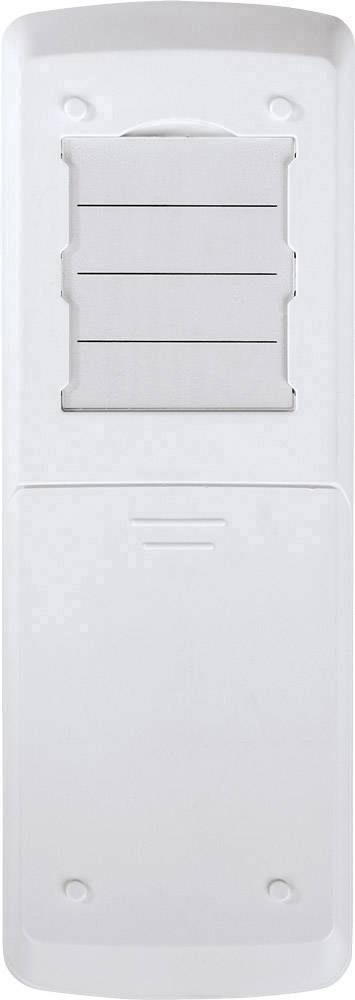 Weißes Fernbedienungsgehäuse mit Batteriefach und sichtbaren Schraubenlöchern.