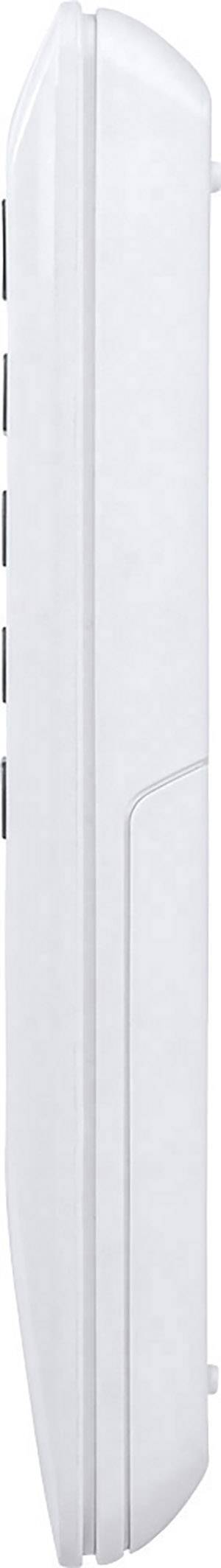 Seitenansicht eines weißen elektronischen Geräts mit abgerundeten Ecken und einer vertikalen Reihe von Knöpfen.