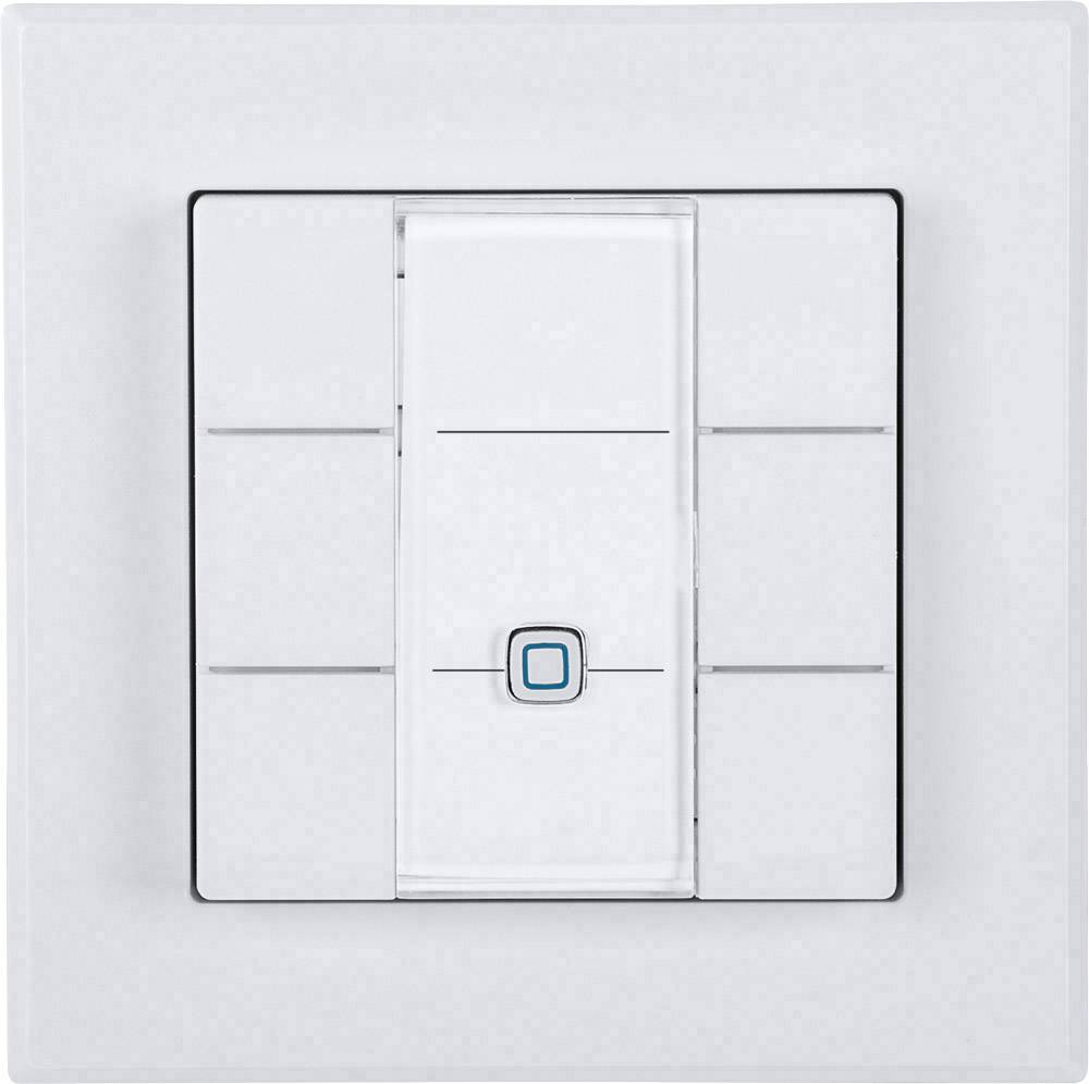 Ein weißer Lichtschalter mit einem großen zentralen Schalter und einem blauen Indikator. Der Schalter hat ein schlichtes Design.