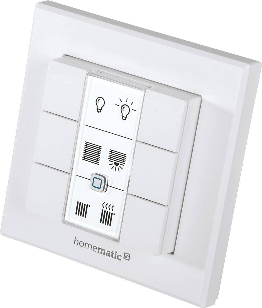 Lichtschalter mit vier Tasten. Symbole für Lampen, Jalousien, Lichtsteuerung und Heizung. Markierung 'homematic IP'.