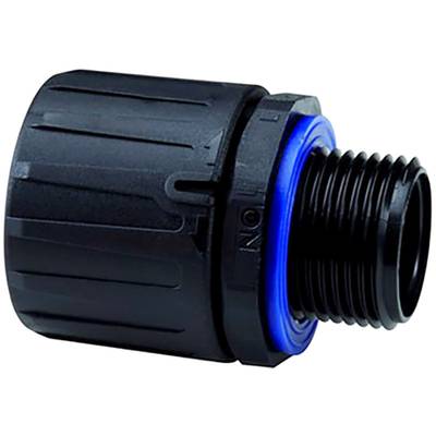 Ein schwarzer Kunststoffadapter mit einem blauen O-Ring und einer Gewindeseite, wahrscheinlich für den Anschluss von Rohren oder Schläuchen.