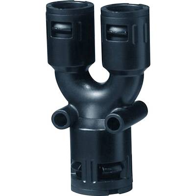 Ein schwarzes Kunststoff-T-Stück mit drei Anschlüssen, verwendbar für Wasser- oder Gasleitungen in Installationssystemen.