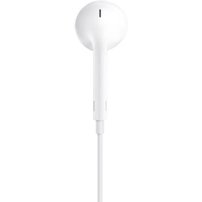 Weiße kabelgebundene In-Ear-Kopfhörer, Aufnahme von der Seite.