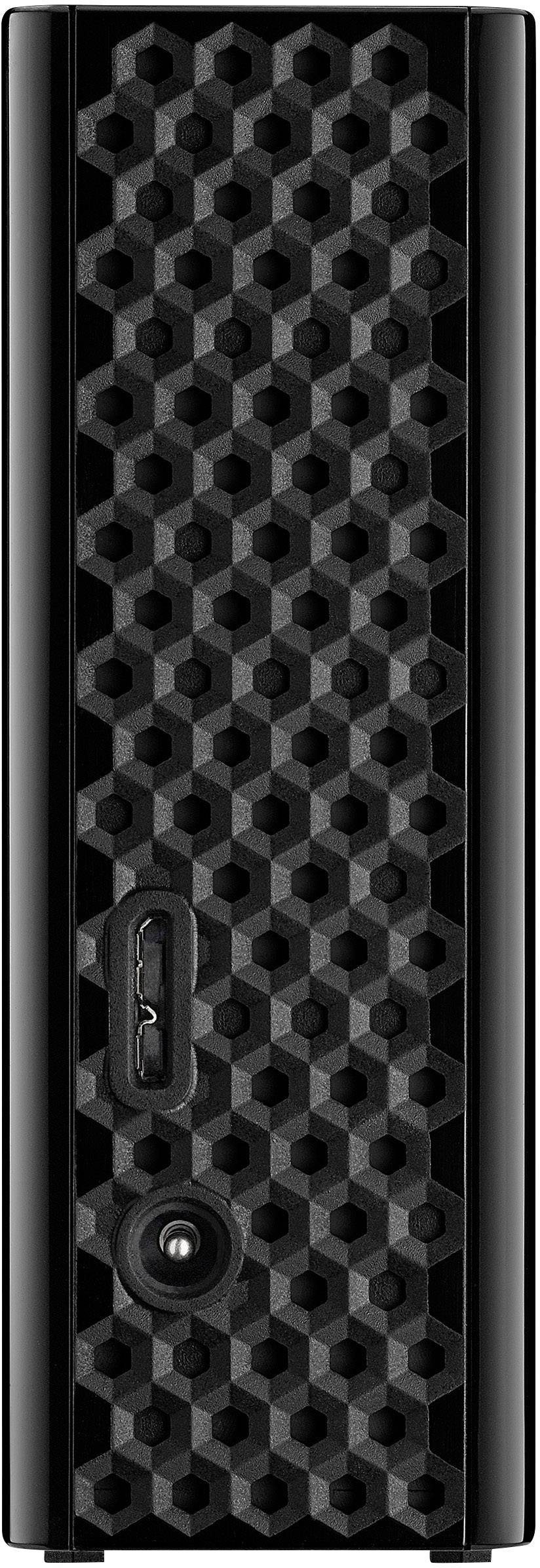 Externe Festplatte mit schwarz-grauer, hexagonal strukturierter Oberfläche und einem USB-Anschluss an der Vorderseite.