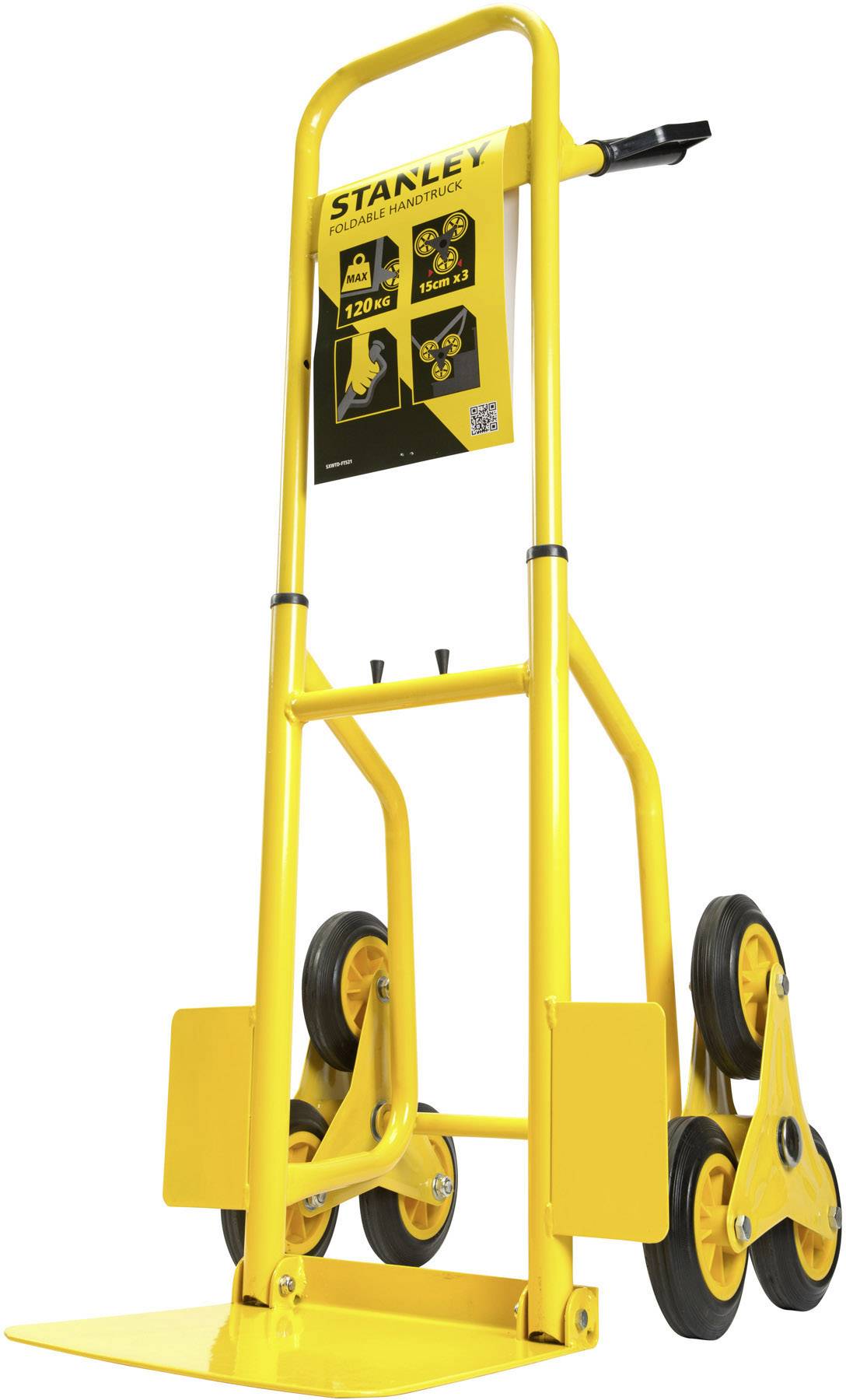 Gelber Treppensteiger Sackkarre von Stanley, geeignet für Lasten bis 120 kg. Hat drei Räder auf jeder Seite für einfaches Manövrieren.