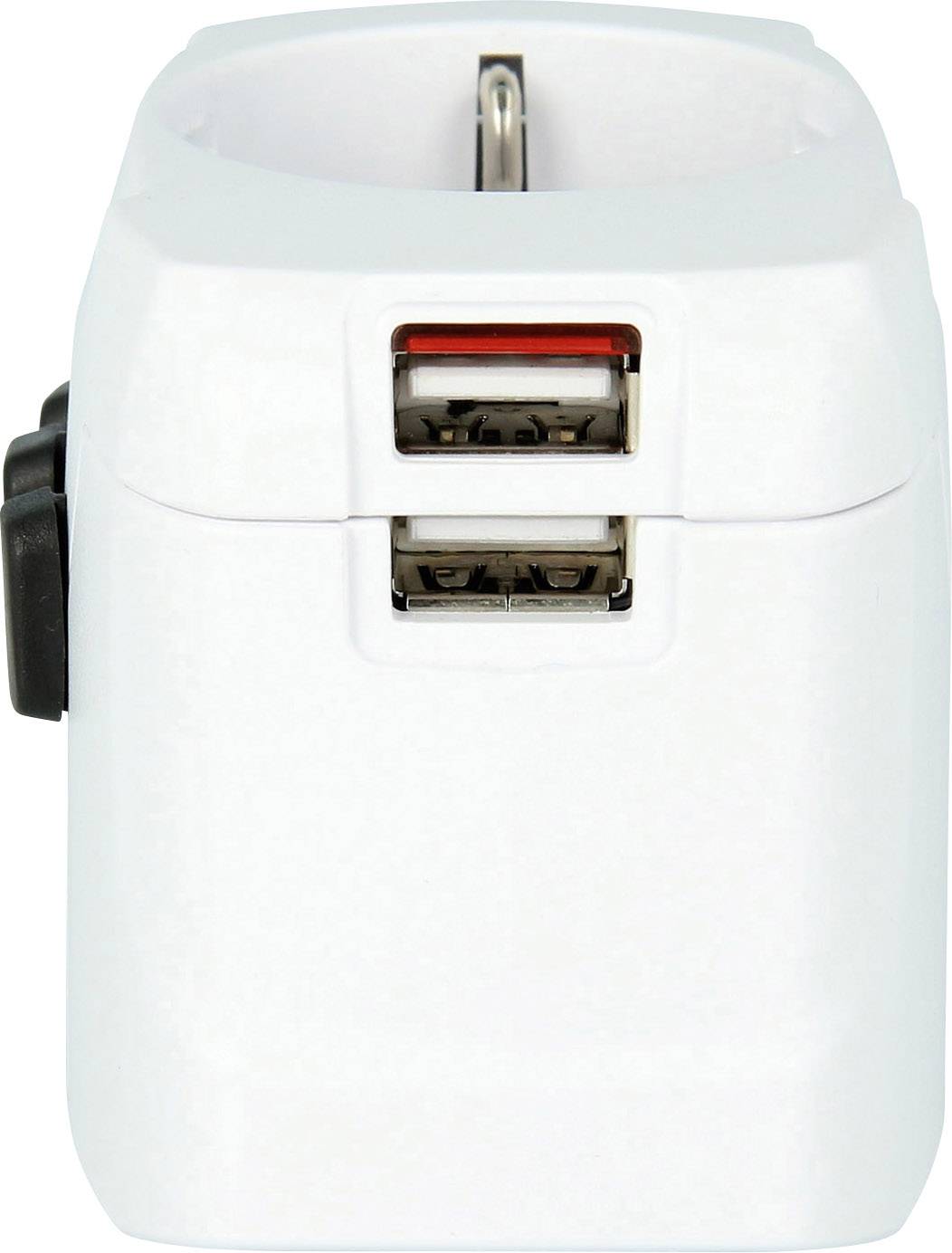 Ein weißer Reiseadapter mit zwei USB-Anschlüssen und einem Steckdosenstecker oben, verwendet für das Laden von Geräten.