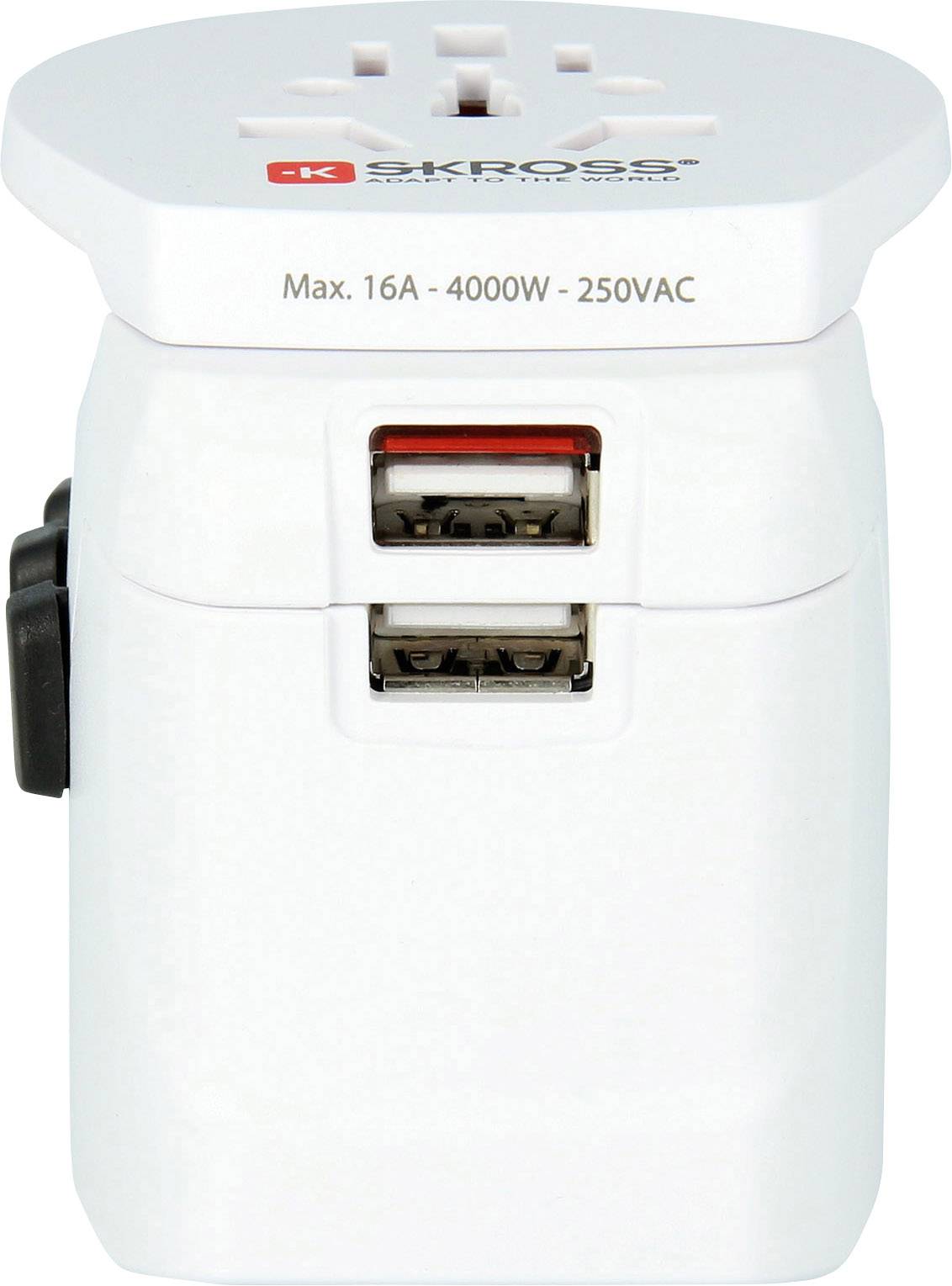 Ein weißer Universal-Reiseadapter mit zwei USB-Anschlüssen. Geeignet für 16A, 4000W, 250VAC. Oberseite zeigt SKROSS-Logo.