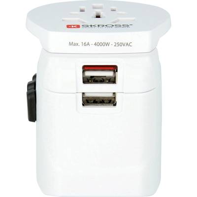 Ein weißer Universal-Reiseadapter mit zwei USB-Anschlüssen. Geeignet für 16A, 4000W, 250VAC. Oberseite zeigt SKROSS-Logo.