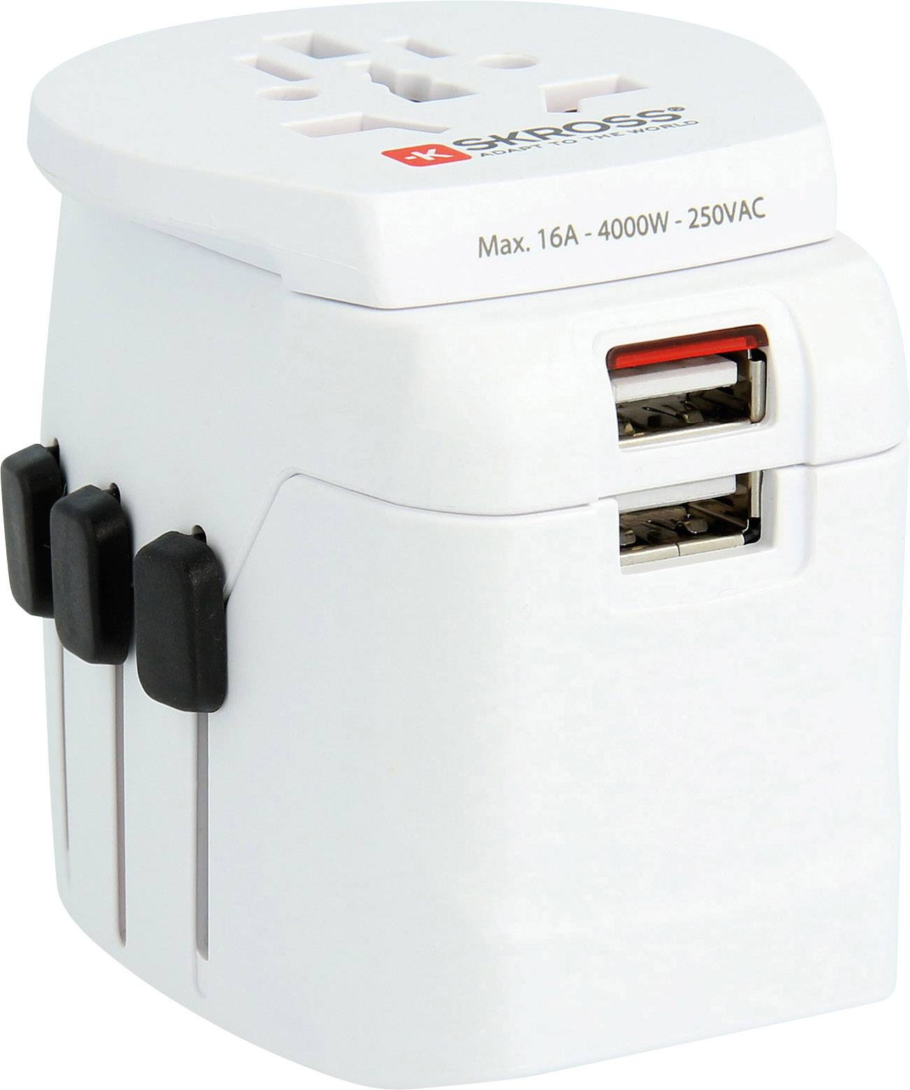 Reisesteckeradapter mit mehreren Steckdosen und USB-Anschlüssen, unterstützt 16A, 4000W, 250VAC. Geeignet für internationale Nutzung.