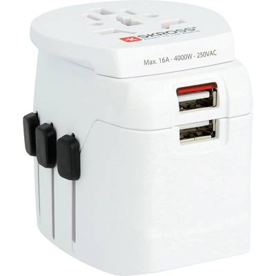 Reisesteckeradapter mit mehreren Steckdosen und USB-Anschlüssen, unterstützt 16A, 4000W, 250VAC. Geeignet für internationale Nutzung.
