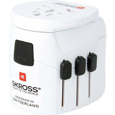 Ein weißer Universal-Reisesteckeradapter von SKROSS, geeignet für verschiedene Ländersteckdosen, mit Schiebereglern zur Anpassung.
