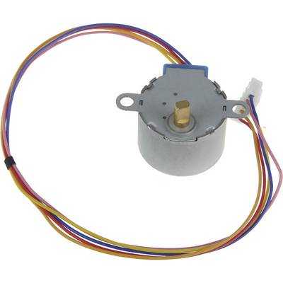 Ein kleiner Schrittmotor mit bunten Kabeln für elektronische Anwendungen.
