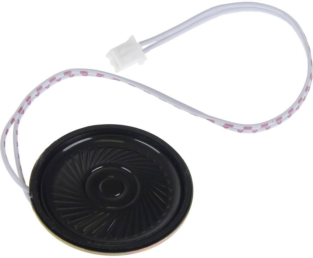 Ein kleiner, runder Lautsprecher mit schwarz geriffelter Membran und zwei weißen Drähten, die in einem Stecker enden.