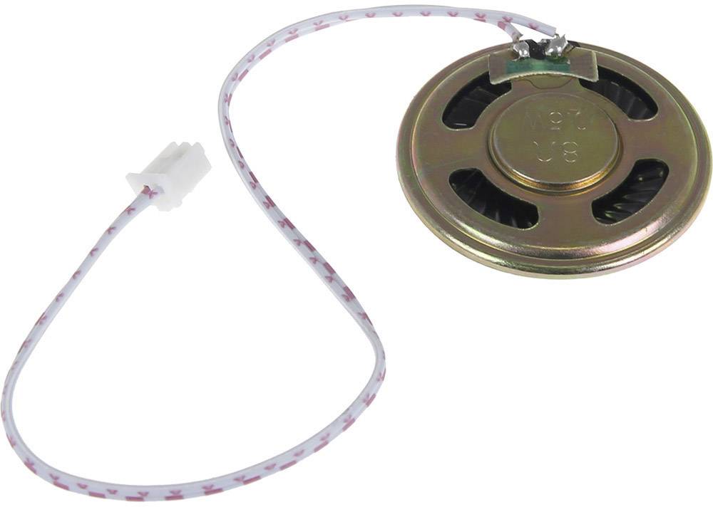 Kleiner runder Lautsprecher mit weißem Kabel und Steckeranschluss, geeignet für elektronische Geräte.