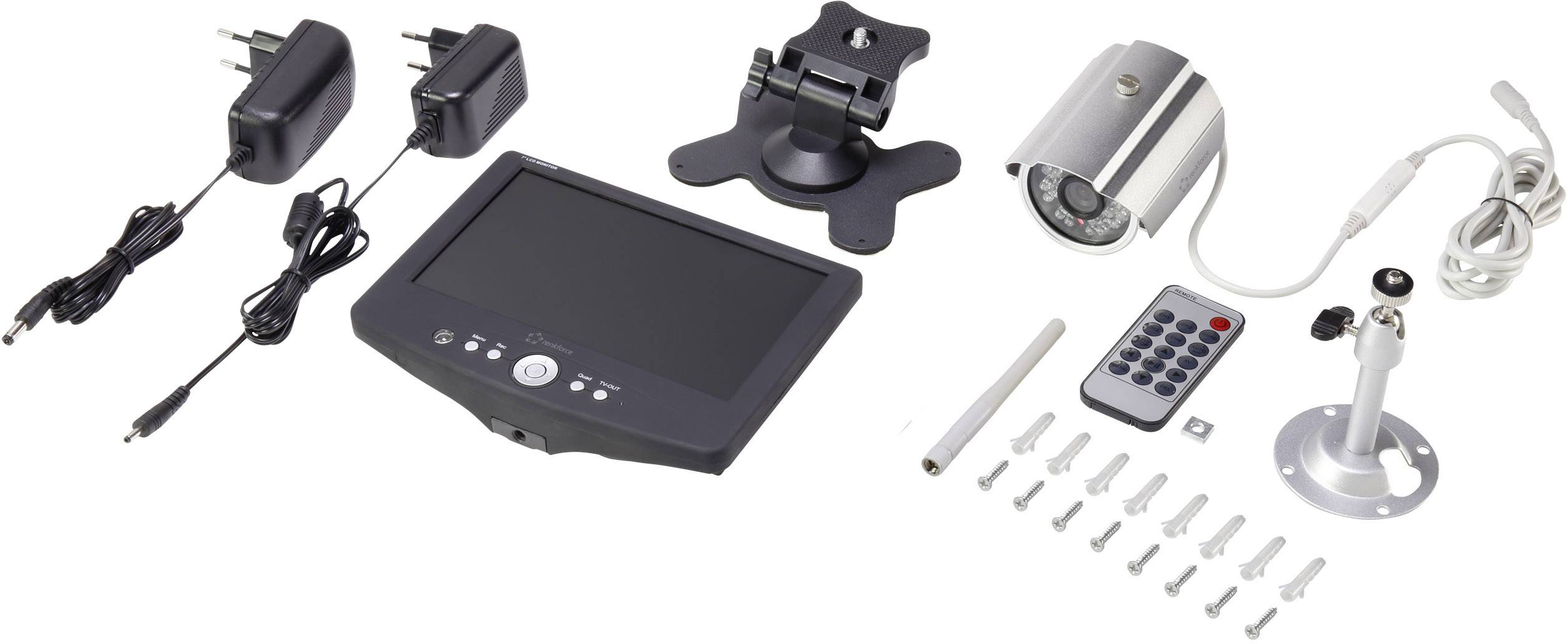 Überwachungskamera-Kit mit Monitor, Kamera, Fernbedienung, Kabeln, Befestigungsmaterial und Netzteilen.
