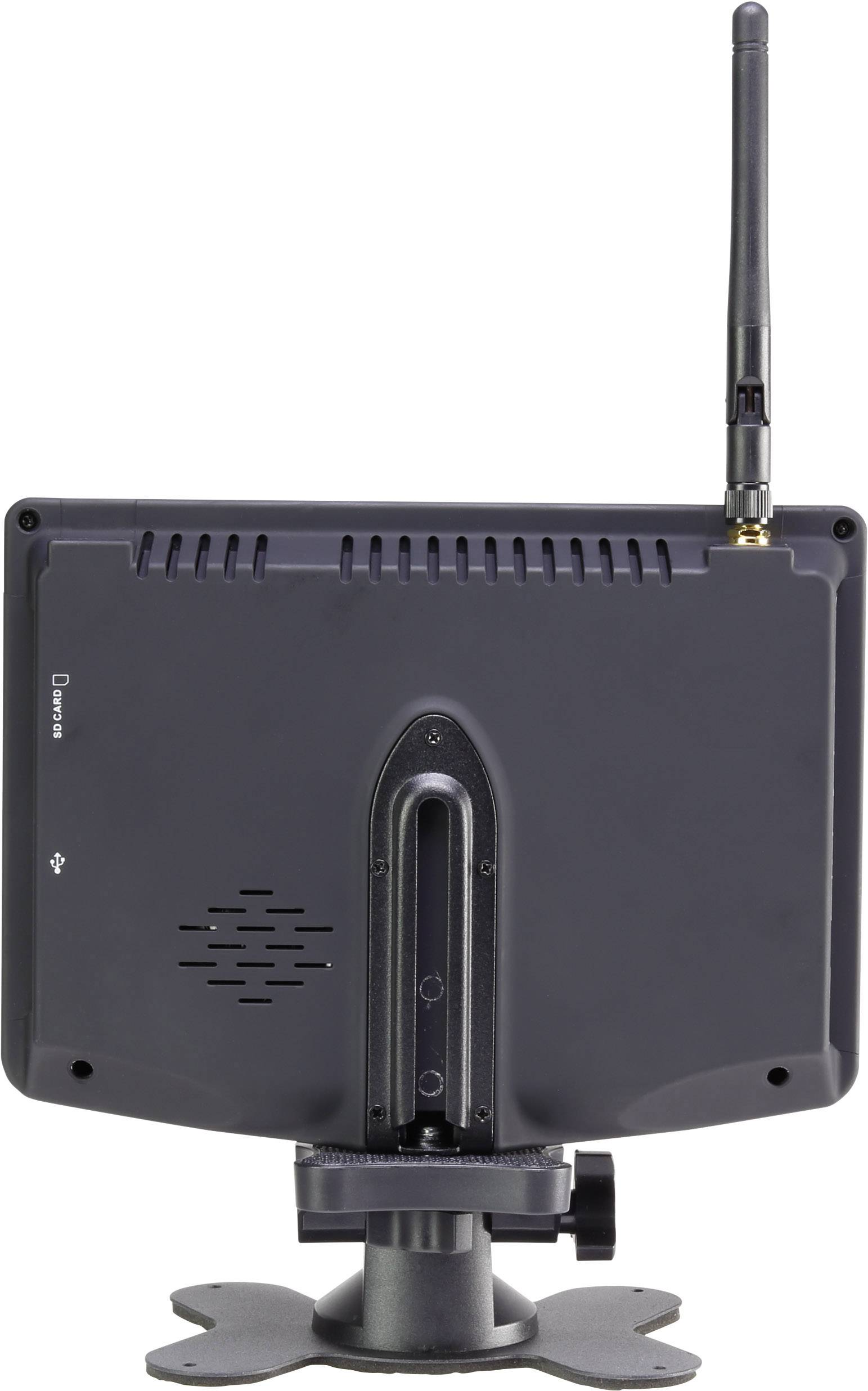 'Rückseite eines schwarzen, tragbaren LCD-Bildschirms mit Antenne und Standfuß, geeignet für drahtlose Videoüberwachung.'