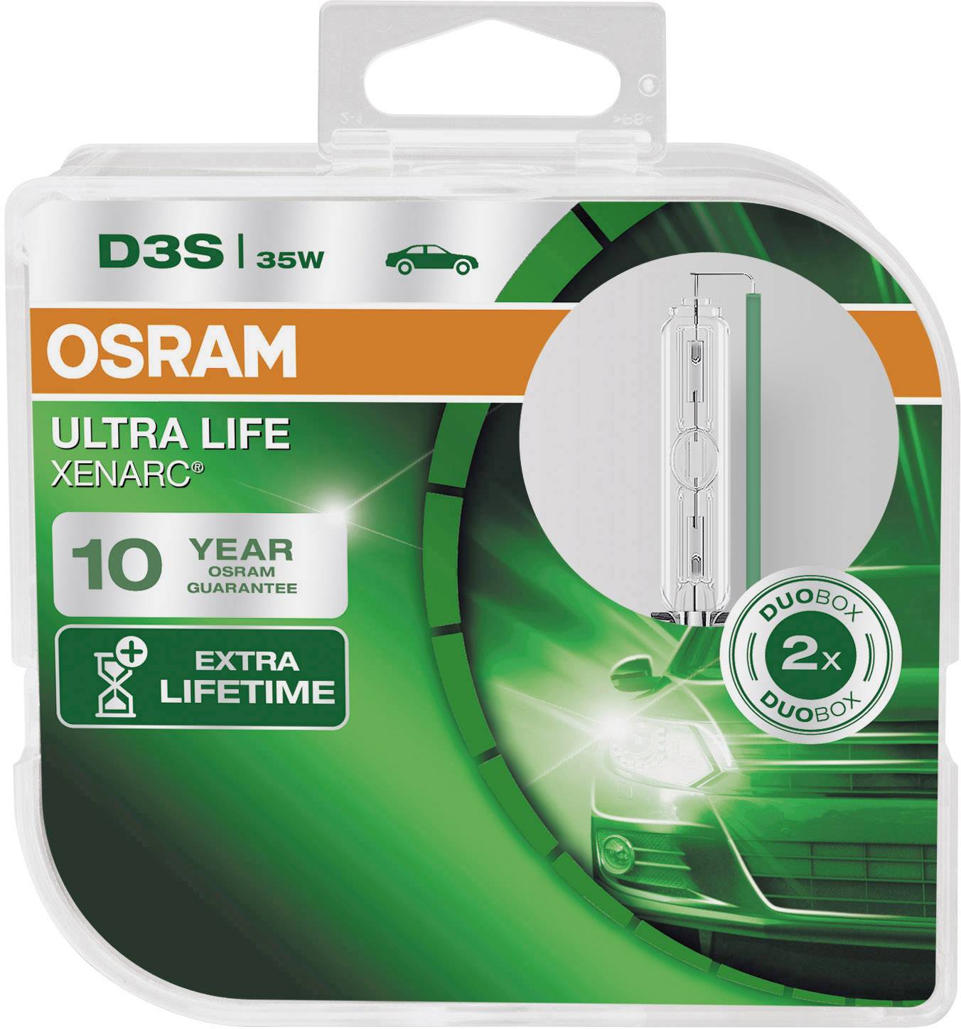 'OSRAM Xenarc Ultra Life D3S 35W' Autolampe. Verpackung zeigt Auto mit eingeschaltetem Scheinwerfer. 10 Jahre Garantie, extra Lebensdauer.