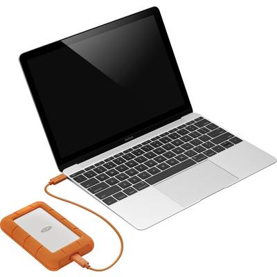 Ein Laptop mit einem angeschlossenen externen Laufwerk über ein orangefarbenes Kabel.