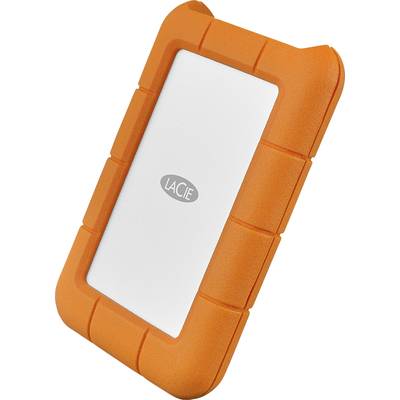 Tragbare externe Festplatte mit orangefarbenem Gummigehäuse und silberner Oberfläche, Markenlogo in der Mitte.