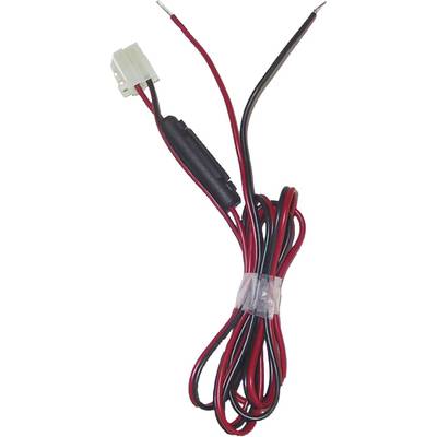 Roter und schwarzer Kabelstrang mit Stecker und Schrumpfschlauch, geknickt und mit Kabelbinder fixiert.