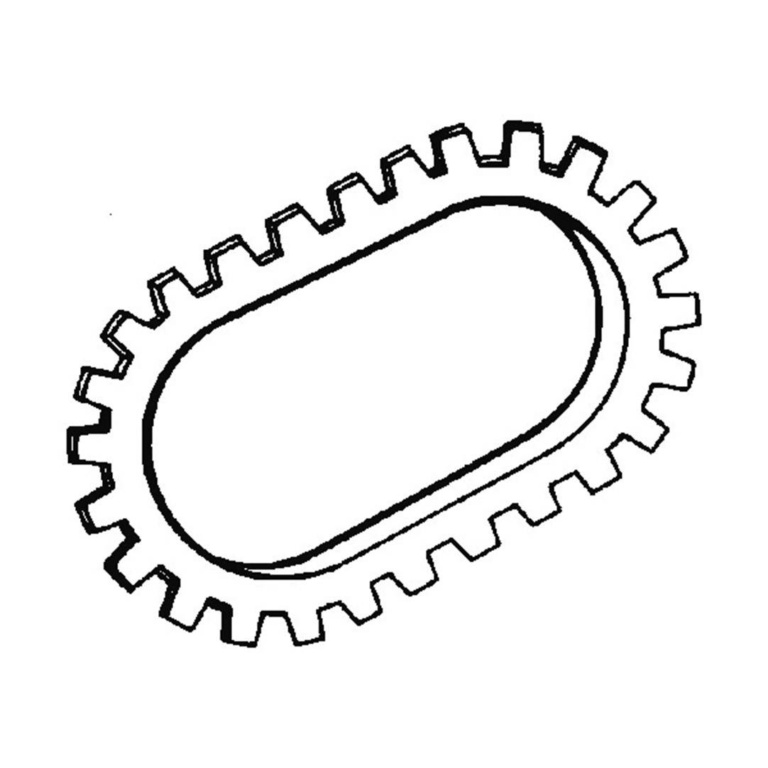 Ein stilisierter Zahnkranz mit ovalem Inneren, ähnlich einer schematischen Darstellung eines Bakteriums, ohne weitere Details.