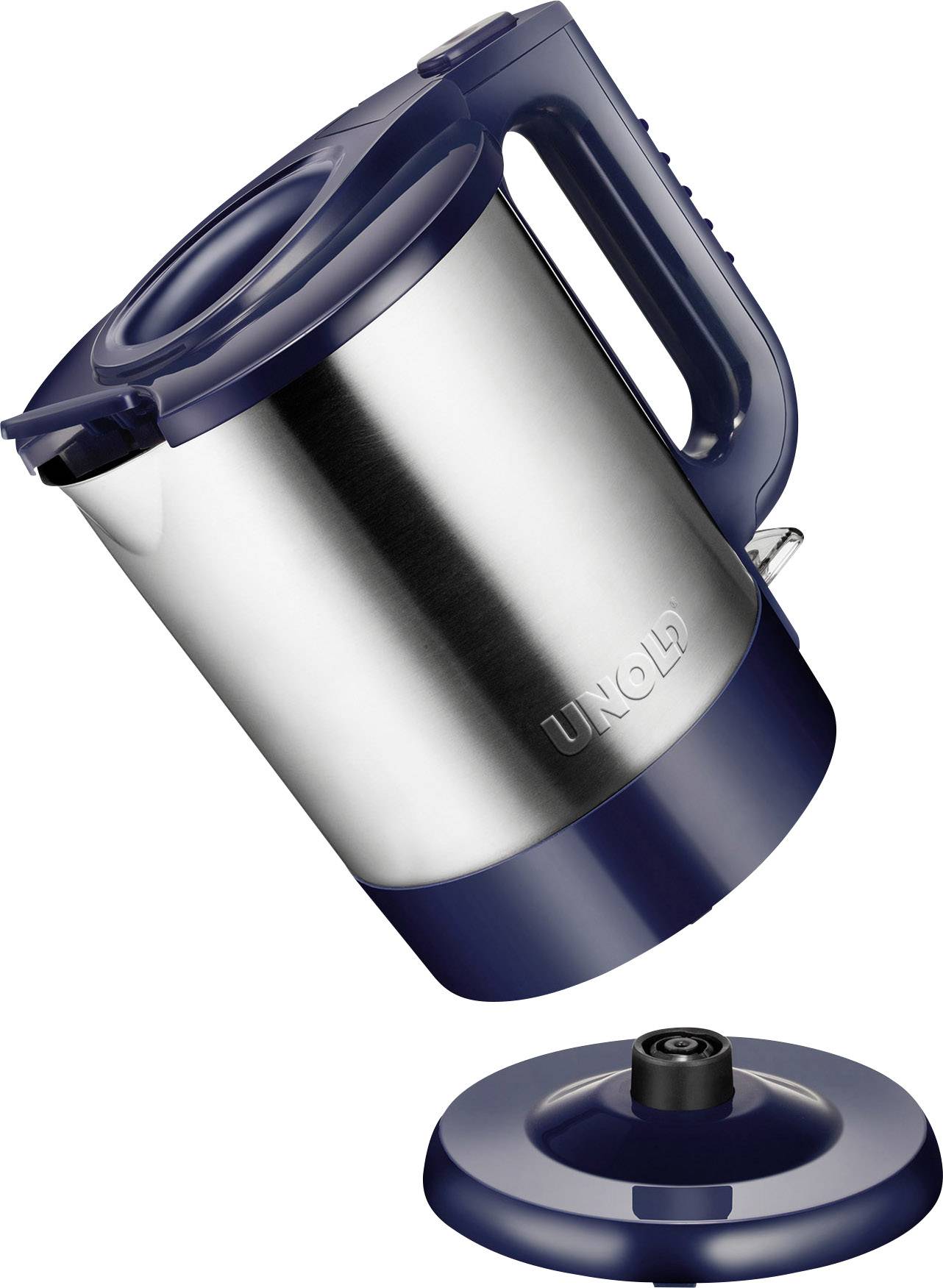 Ein silberner und blauer Wasserkocher mit abgenommenem Deckel. Markenname auf der Seite eingraviert.