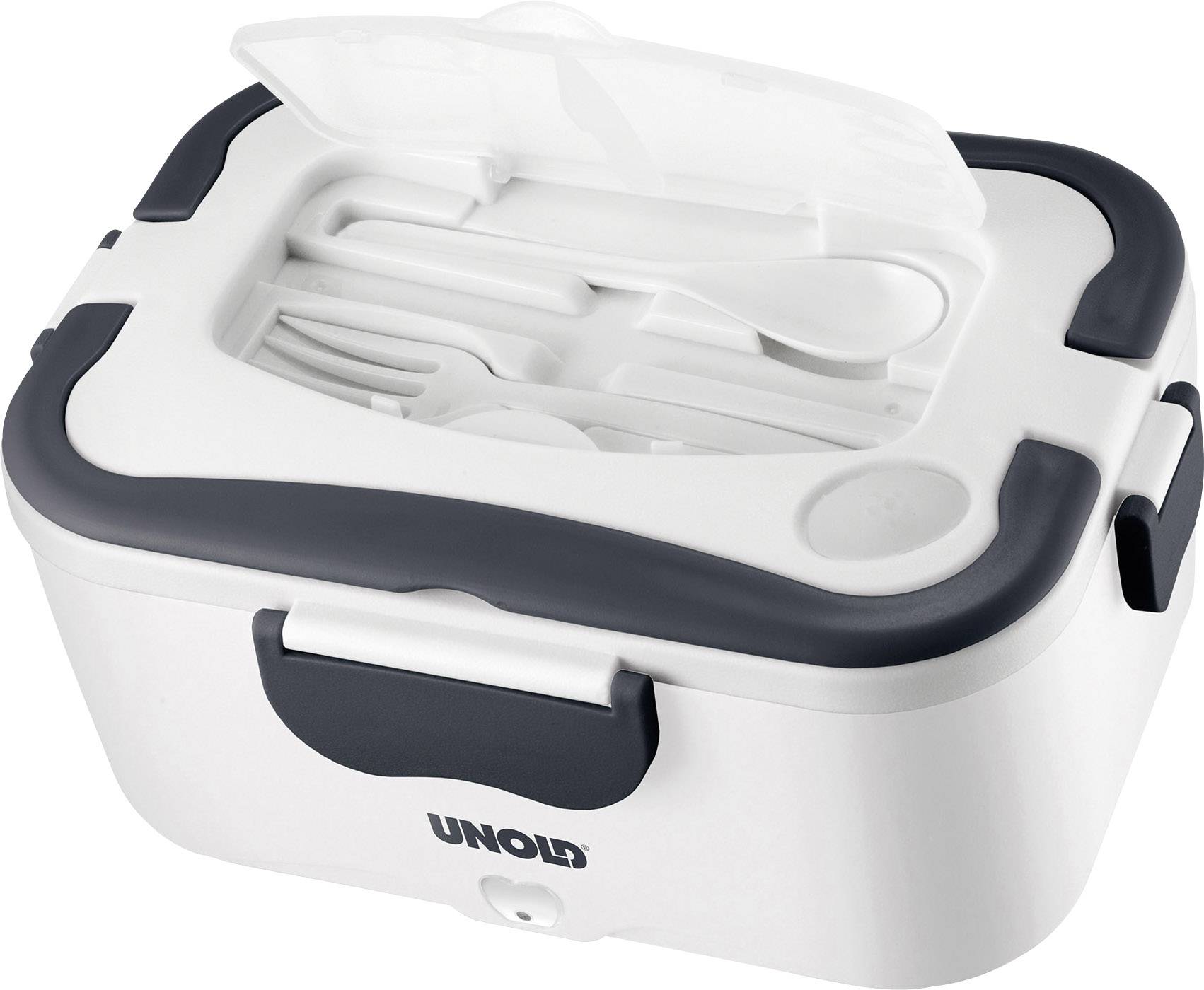 Eine weiße elektrische Lunchbox mit integriertem Besteckfach, geschlossenem Deckel und schwarzem Rand, von der Marke Unold.