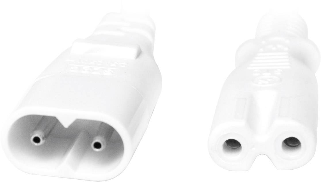 Ein IEC-C7-Stecker und eine Buchse in Großaufnahme. Der Stecker hat zwei runde, gleichmäßige Stifte.