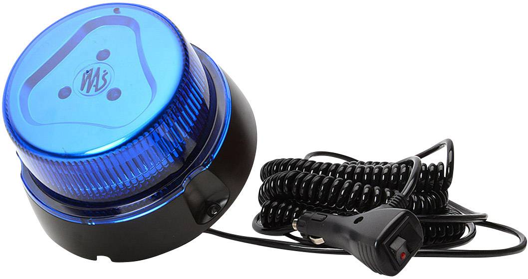 Blaulicht mit schwarzen Sockel und Kabel, geeignet für den Anschluss an ein Fahrzeug. Batteriebetrieb über Zigarettenanzünderstecker.