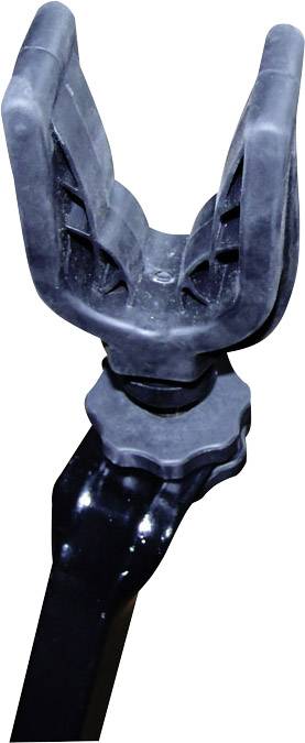 Ein schwarzer, verstellbarer Ständer mit gummierter Gabelhalterung, vorgesehen für sicheren Halt von Geräten oder Objekten.