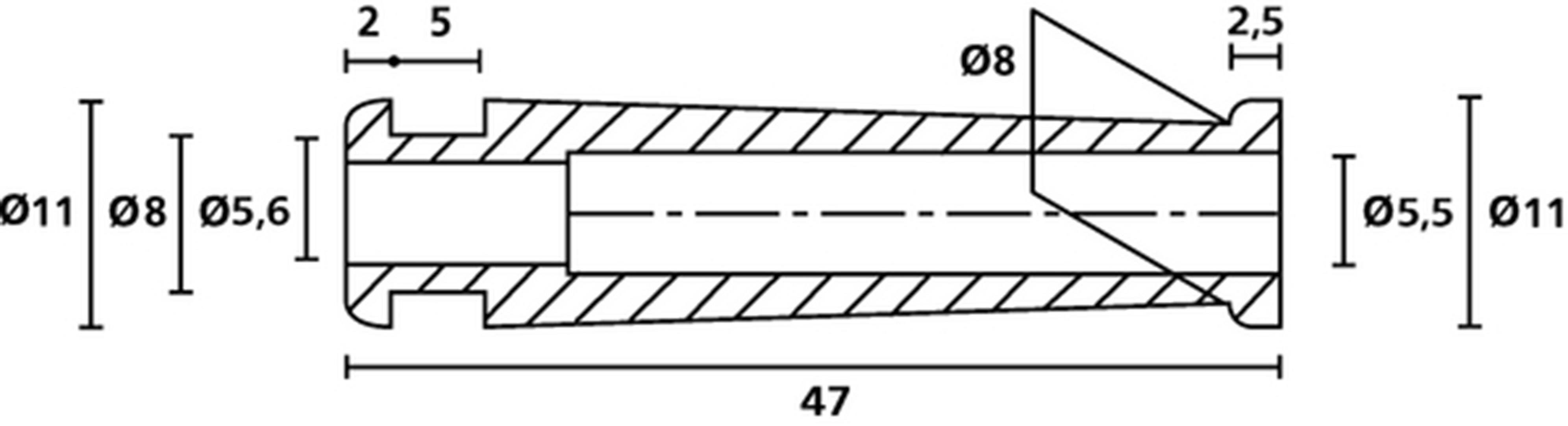 Technische Zeichnung einer konischen Hülse mit Längenangaben: Durchmesser variieren von 8 mm bis 11 mm, Gesamtlänge 47 mm.