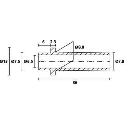 Technische Zeichnung eines zylindrischen Teils mit Durchmessern: 13, 7.5, 7.8, 8.8 mm; Längen: 36, 6.5, 6, 2.3 mm.