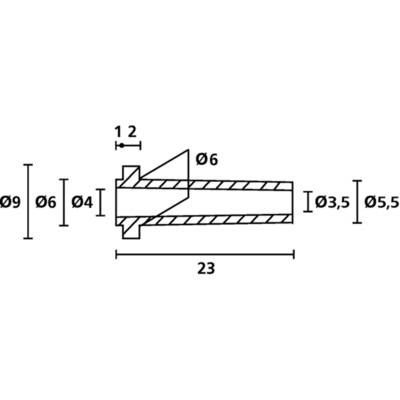 Technische Zeichnung eines Bolzens mit maßen: Gesamtlänge 23 mm, Durchmesser 9 mm, vorderer Durchmesser 6 mm, hinterer Durchmesser 4 mm.
