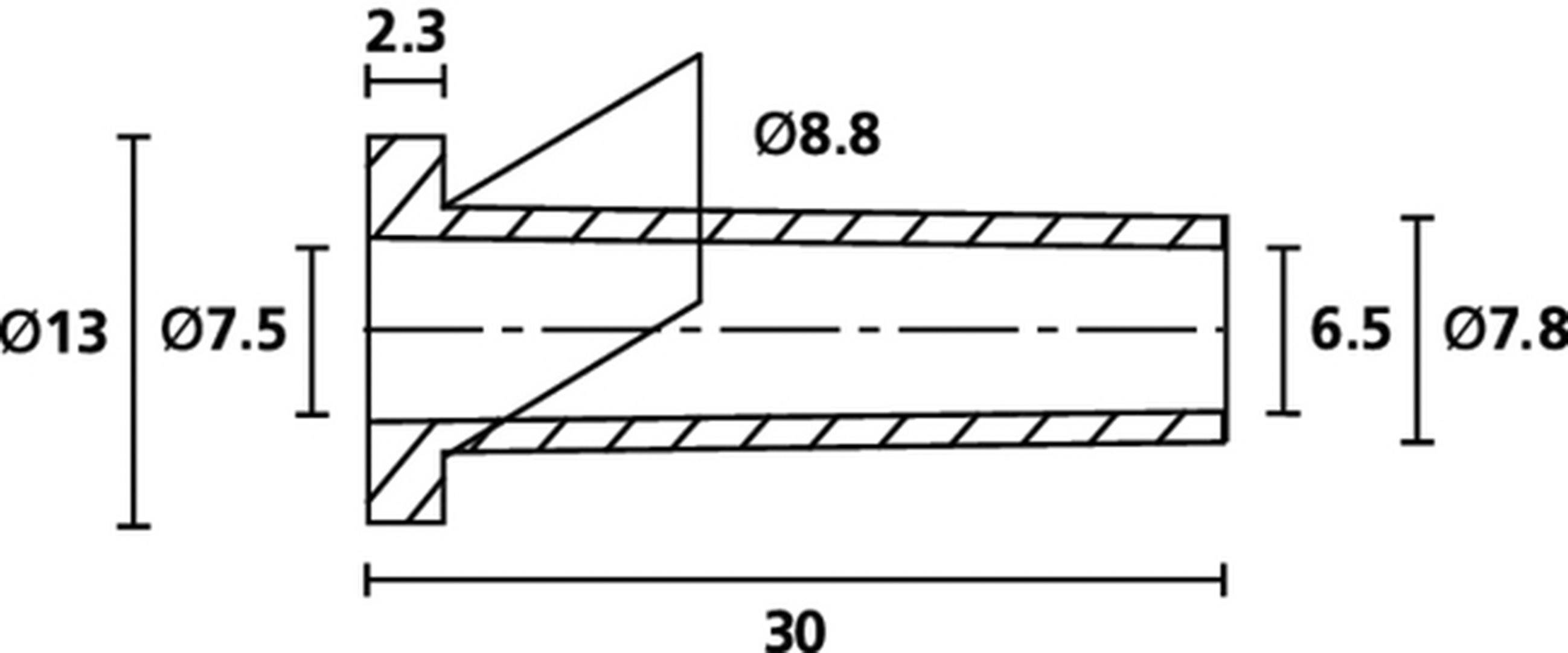 Technische Zeichnung eines zylindrischen Teils mit Maßen: Länge 30 mm, Durchmessern 13 mm, 8,8 mm, 7,5 mm, 7,8 mm, und eine Öffnung von 2,3 mm.
